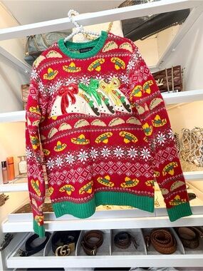 Festive Red Taco Ugly Christmas Sweater with Green Trim Size S